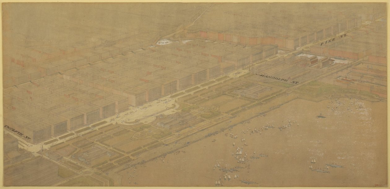 The Plan of Chicago, 1909の114版：シカゴミシガン・アベニューとパイン・ストリートの大通りとパークウェイ計画。 作： ダニエルハドソンバーナム