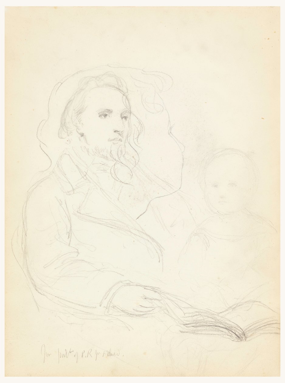 デッサン、「慈愛のレッスン」のスケッチとピーター・リチャーズ・ジュニアの肖像画、1849年 作： ダニエル・ハンティントン