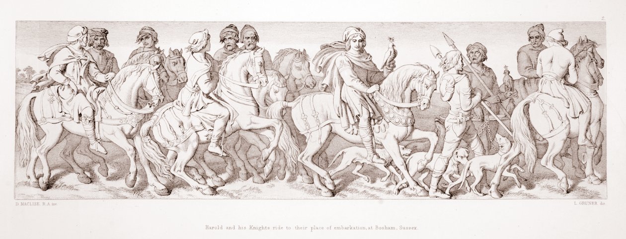 ハロルドと彼の騎士たちは、1866年にL.グルーナーによって彫刻された「ノーマン征服の物語」から、サセックスのボシャムにある乗船場所に乗ります。 作： ダニエル・マクリーズ