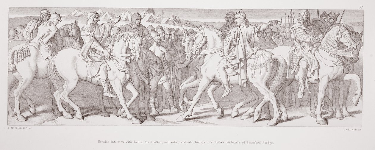1866年にL.グルーナーによって刻まれた「ノーマン征服の物語」からのスタンフォードブリッジの戦いの前の、トスティグとその兄弟、トスティグの同盟者であるハードラダとのハロルドのインタビュー 作： ダニエル・マクリーズ