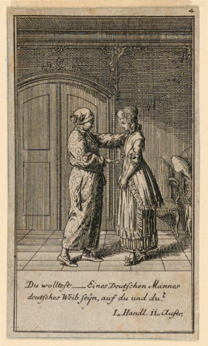 女の子と話している父または保護者、「Königl: Grosbrit [anian] 系図カレンダー for the 1782 年 Lauenberg by J.G. Berenberg」の Fredrich Wilhelm Grossman による劇「Not more than sachs Schuesseln」のイラスト 作： ダニエル・ニコラウス・チョドヴィエツキ