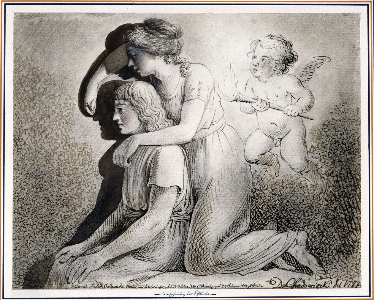 「絵画の発明」：キューピッドに後押しされた少女が、自分の左側に座っている若者のシルエットを壁に描いている 作： ダニエル・ニコラウス・チョドヴィエツキ