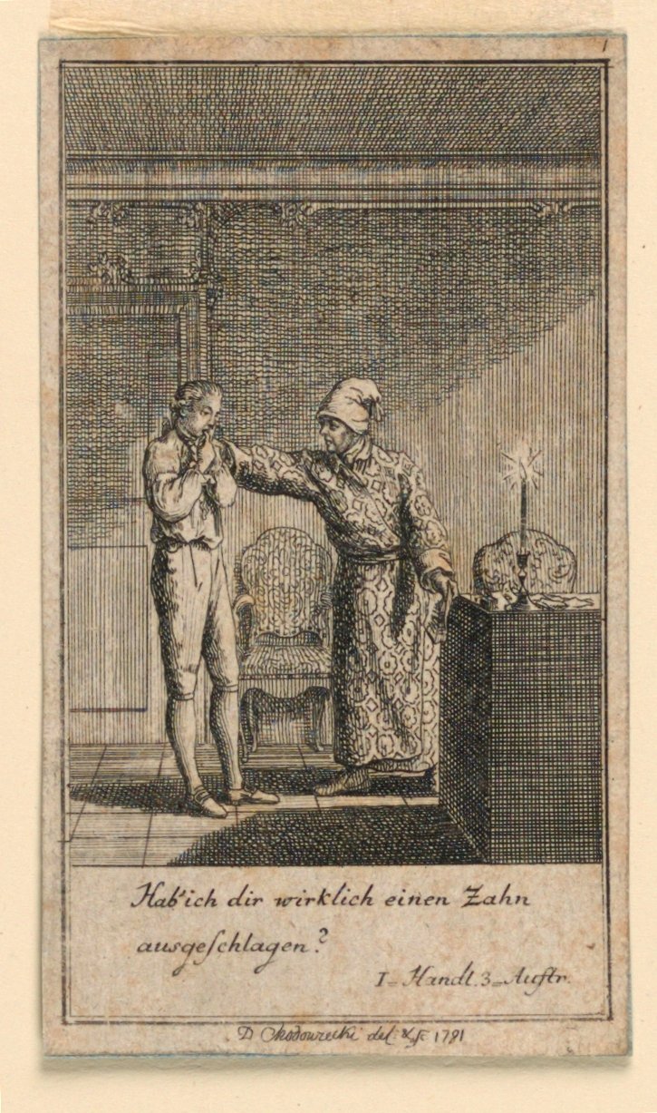 The Slap in the Face、Fredrich Wilhelm Grossman 作「Königl: Grosbrit [anian] 家系図カレンダー for the 1782 year Lauenberg by J.G. Berenberg」の戯曲のイラスト 作： ダニエル・ニコラウス・チョドヴィエツキ