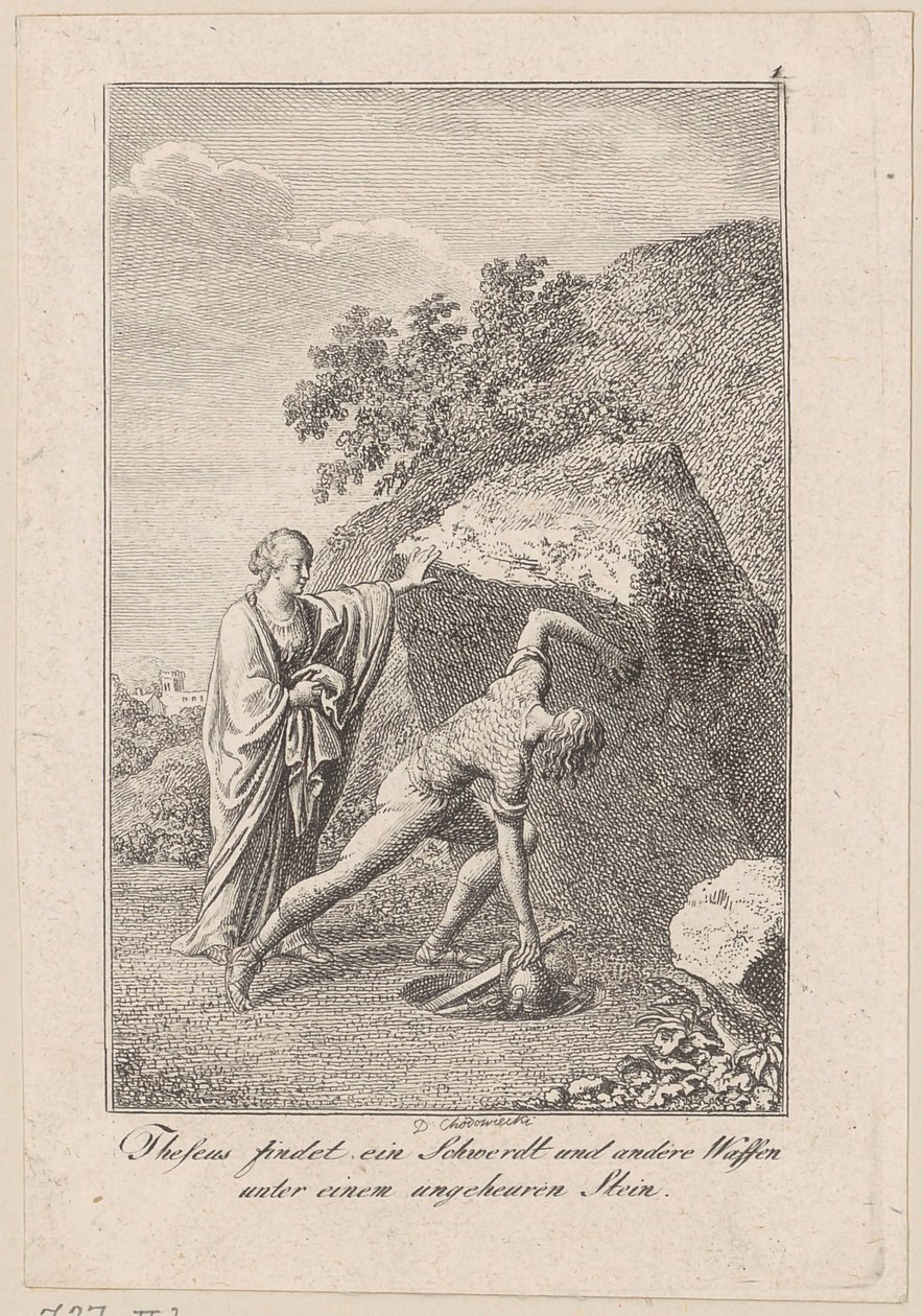 テセウスが石の下で剣とほかの武器を見つける、ベッカー著『テセウス』の第1図版 作： ダニエル・ニコラウス・チョドヴィエツキ