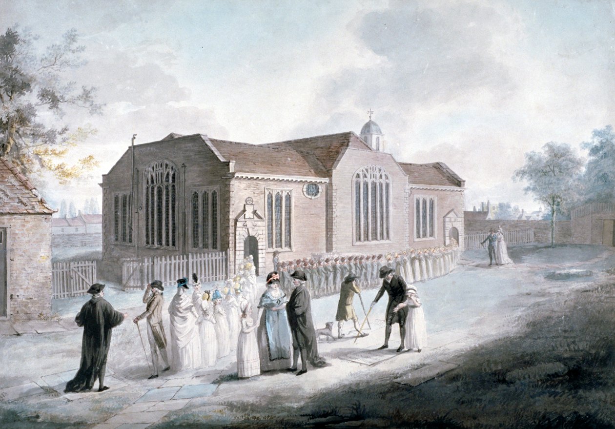 1797 年、ロンドン、ウェストミンスター、ブロードウェイ チャペルに入場する学童の行進 作： ダニエル・オーム