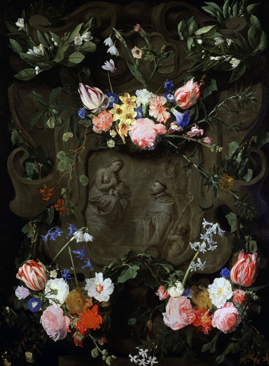 花で飾られた大理石のニッチ、処女礼拝の表現がある。ダニエル・セゲルス（1590-1661）による絵画 個人蔵。 作： ダニエル・セガース