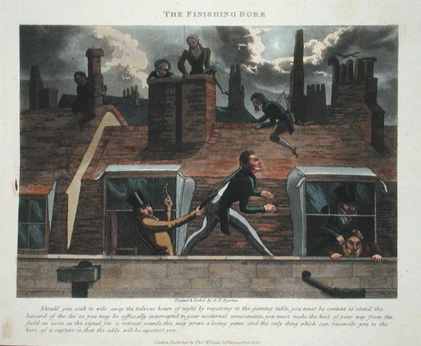1824年に出版された「ピーター・クイズの『ファッショナブル・ボア』または『ハイ・ライフのクーラー』」からの「フィニッシング・ボア」（手彩色アクアチント） 作： ダニエル・トーマス・エガートン