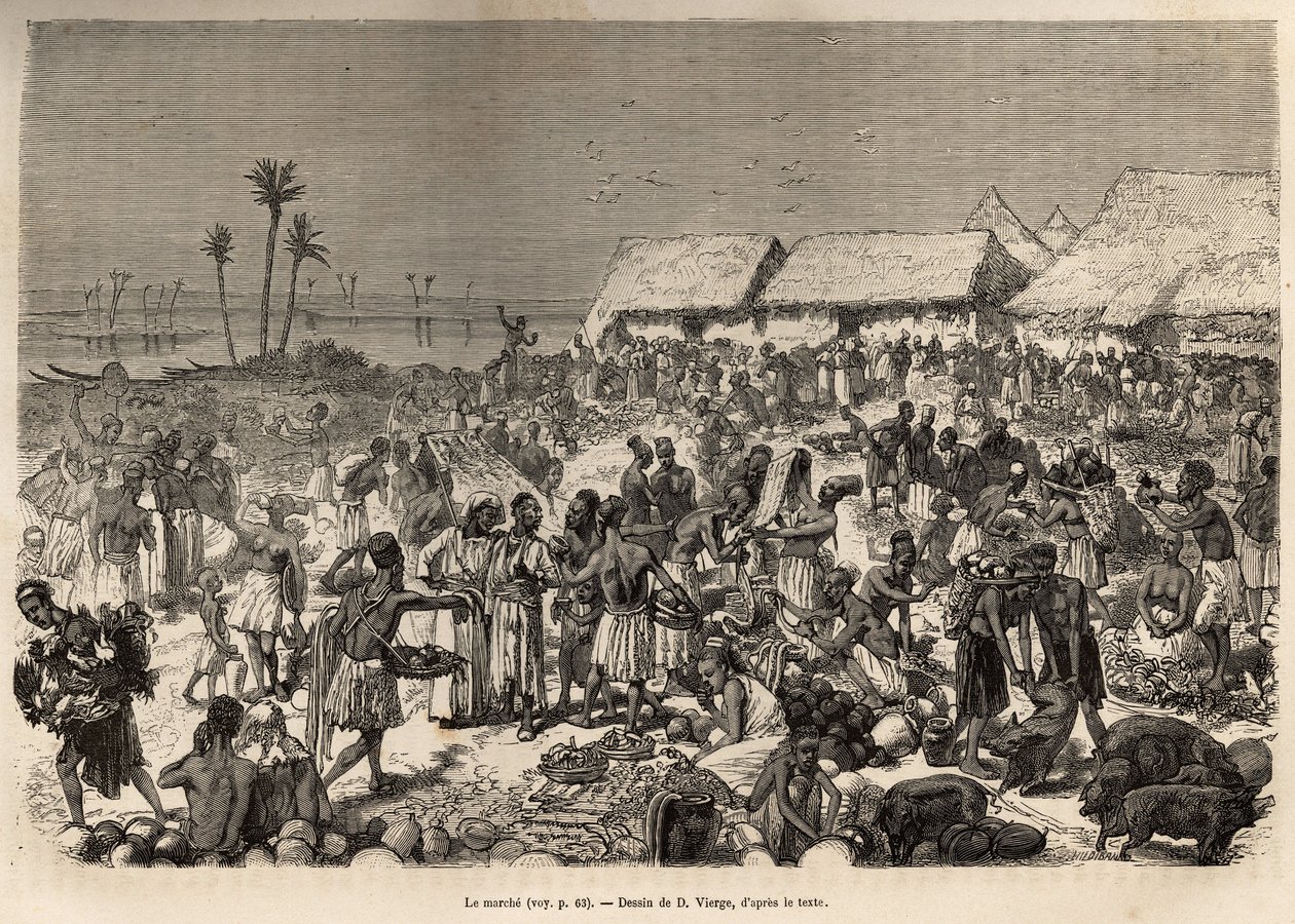 コンゴ川の近くで3,000人以上の人々を集めて行われた非常に活気のある行進。1866年から1873年にかけてのデビッド・リビングストンの最後の日記（1813年から1873年）に描かれたD.Viergeの絵をもとにエッチングされたもので、1875年にEdouarが編集した「Le tour du monde」に掲載されている。 作： ダニエル・ウラビエタ・ヴィエルジュ