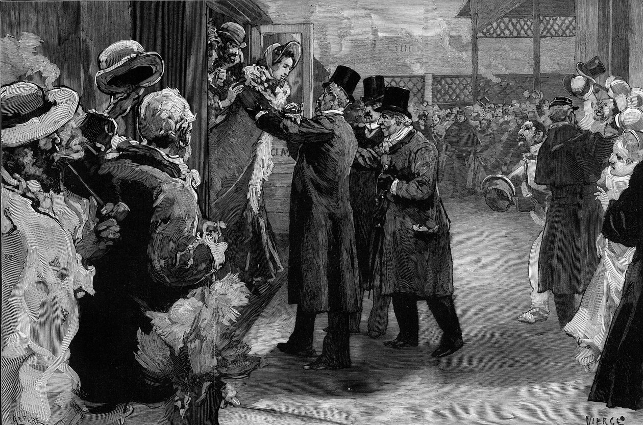 Louise Michel kehrte nach Frankreich zurück (1830-1905) nach seiner Deportation wegen seiner Teilnahme an der Pariser Kommune. Sie wurde am Bahnhof Saint Lazare (Saint-Lazare) von Henri Rochefort (1831-1913), Louis Blanc (181-1882) und George Clemenceau (1 von Daniel Urrabieta Vierge