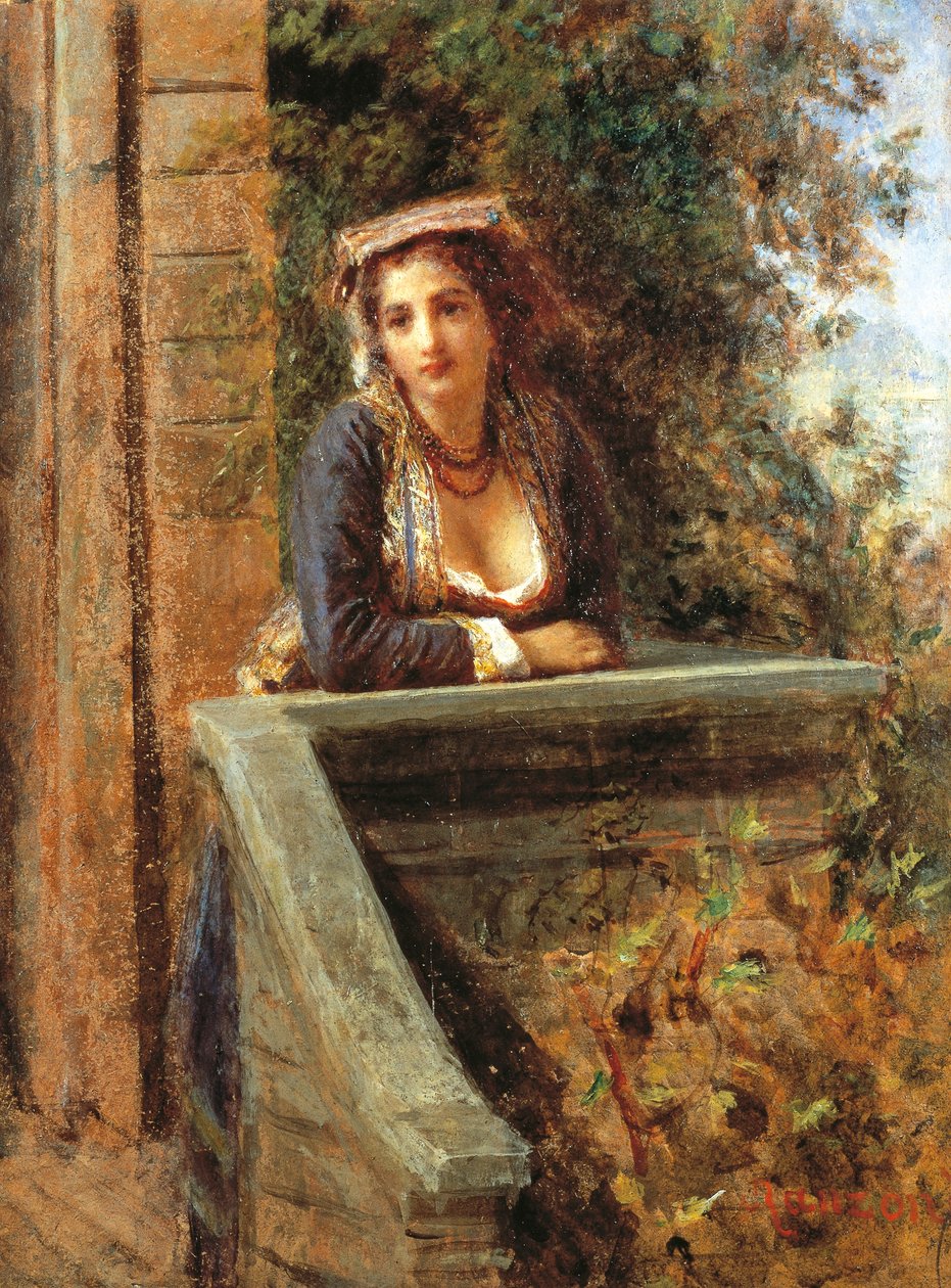 窓辺の少女またはバルコニーの若い女性、ダニエレ・ランツォーニ作（1843-1889）、木に取り付けられた紙に油彩、44x33 cm 作： ダニエル・ランゾーニ
