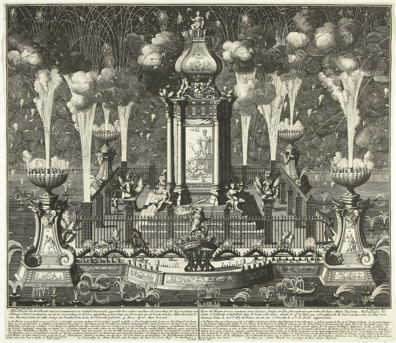 ユトレヒト条約の祝典での花火、1713年 ordere van Haar Ed. Groot Mog: Heeren States of Holland and West Vriesland (...) in Hague, in the vyver ( 作： ダニエル・ストペンダール