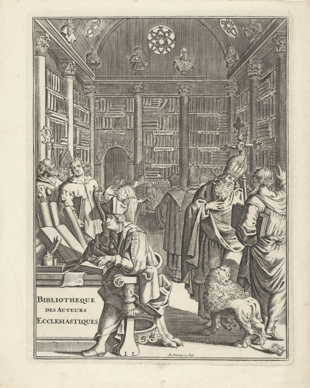 聖職者と図書館のインテリア タイトル ページ: Bibliotheque des Authors Ecclesiastiques、年なし 作： ダニエルはデペニンゲンに会った