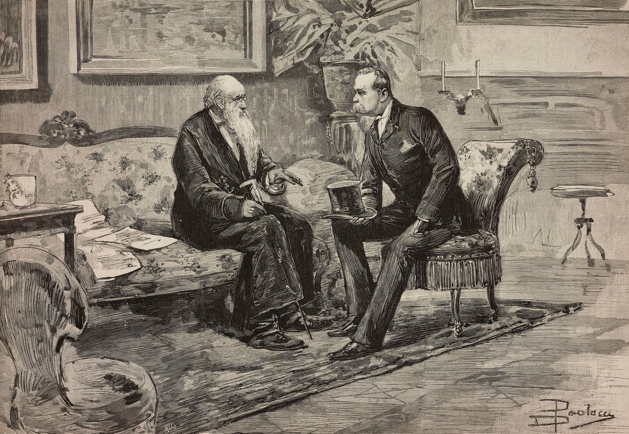 サヴォイ国王ウンベルト1世（1844年～1900年）とアゴスティーノ・デ・プレティス参事会議長（1813年～1887年）、ダンテ・パオロッチのデッサンによるエングレーヴィング（「イタリア・イラストラツィオーネ」29号、7月10日号より 作： ダンテ・パオロッチ