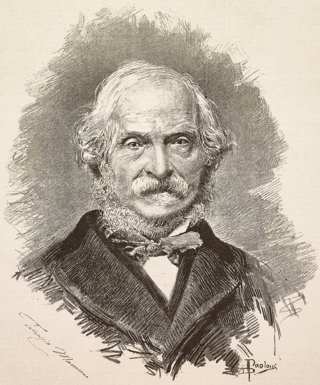 テレンツィオ・マミアーニ（1799-1885）の肖像（ダンテ・パオロッチのデッサンとデッラ・ヴァッレの写真によるエングレーヴィング）。 作： ダンテ・パオロッチ