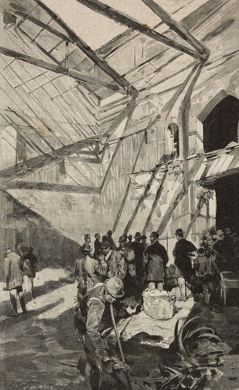イタリア、ローマ、1893年の火災後のイスラエル劇場の跡、ダンテ・パオロッチのデッサンによるエングレーヴィング、L