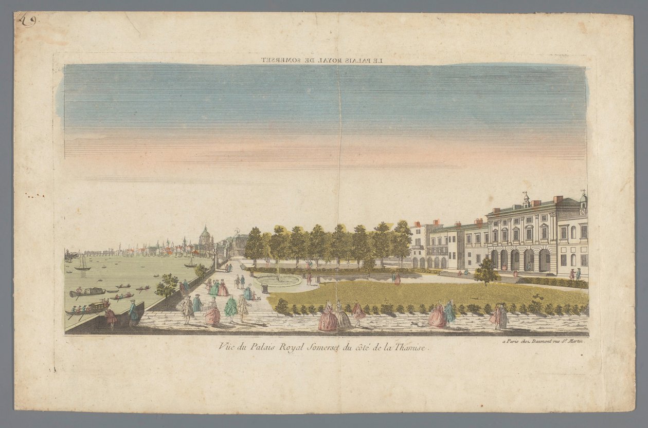 バック グラウンドでロンドンとテムズ川のほとりからサマセット ハウスのビュー Le Palais Royal de Somerset / Vue du Palais Royal Somerset du côté de la Thamise (オブジェクトのタイトル) 作： ドーモン