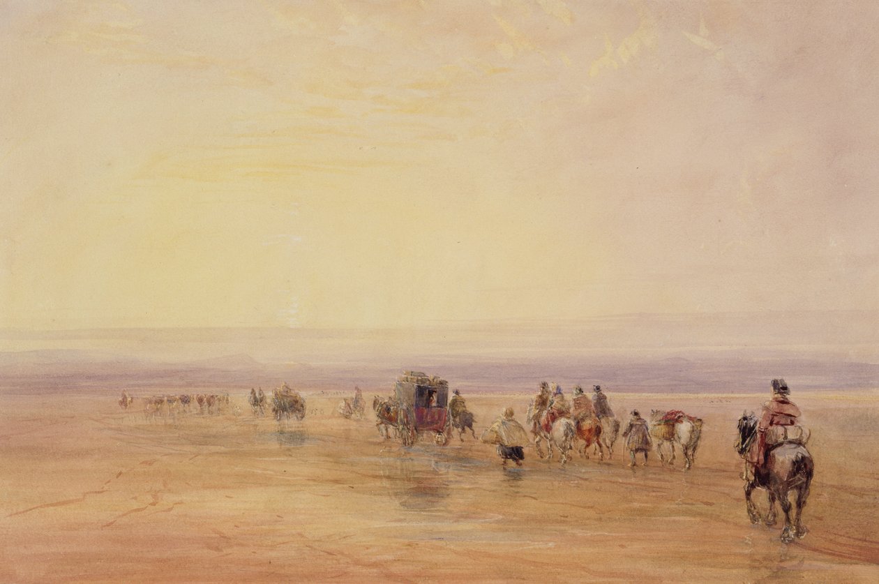 ランカスターサンズ、サンセット（ランカスターサンズの交差）c.1835（紙のグラファイト上のWCとボディカラー） 作： デビッドコックス