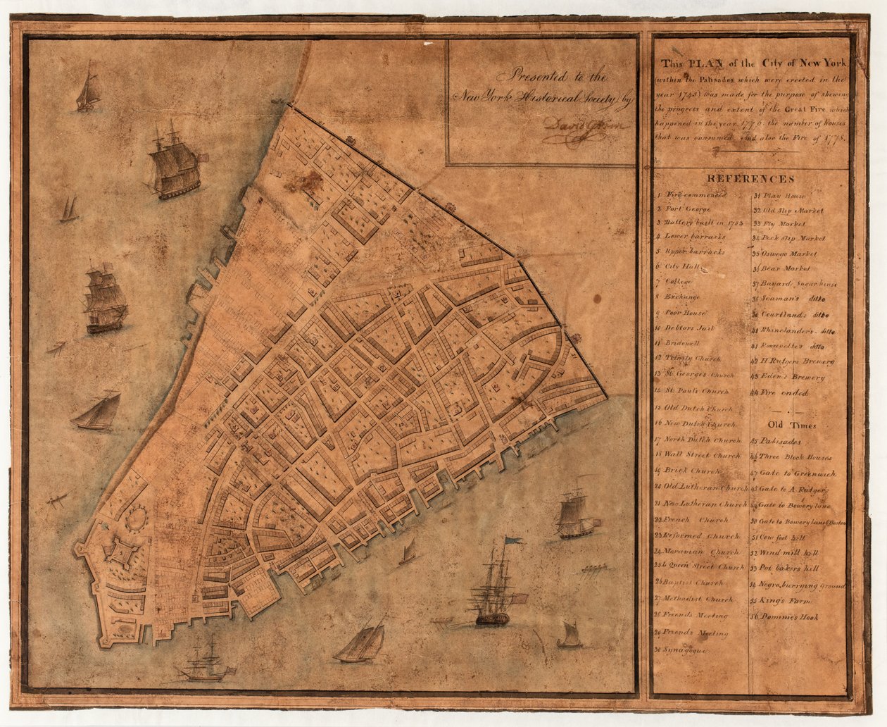 このニューヨーク市の計画（1745年に建てられたパリセード内）は、大火災の進行状況と範囲を刈り取る目的で作成されました。 作： デビッド・グリム