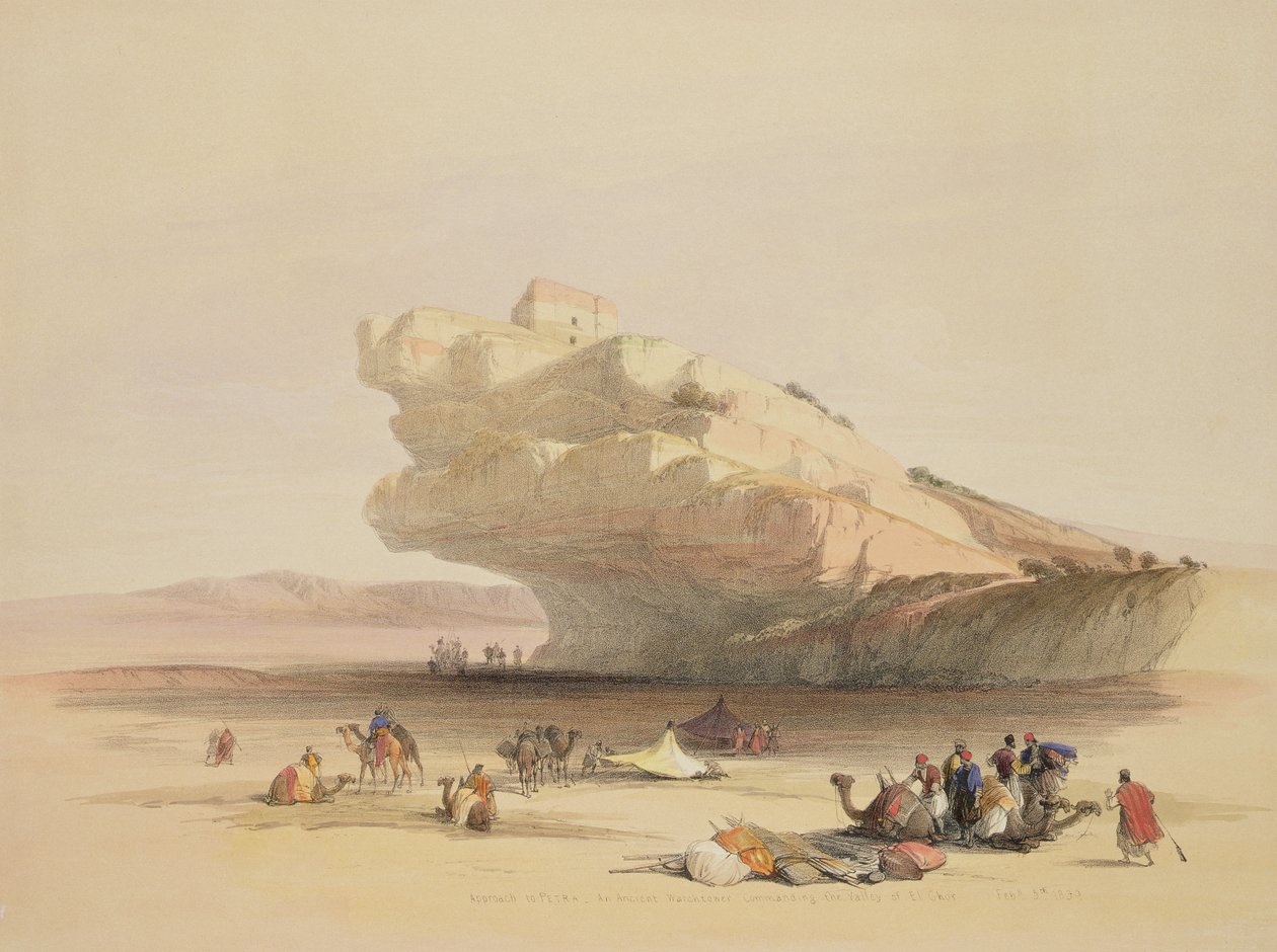 1839年2月5日、エルゴルの谷を指揮する古代の監視塔であるペトラへの接近。 1849 作： デビッド・ロバーツ