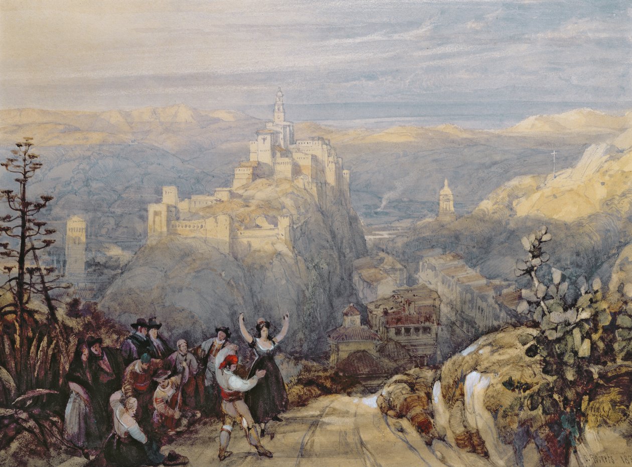 スペイン、ロハの町と城、1834年 作： デビッド・ロバーツ