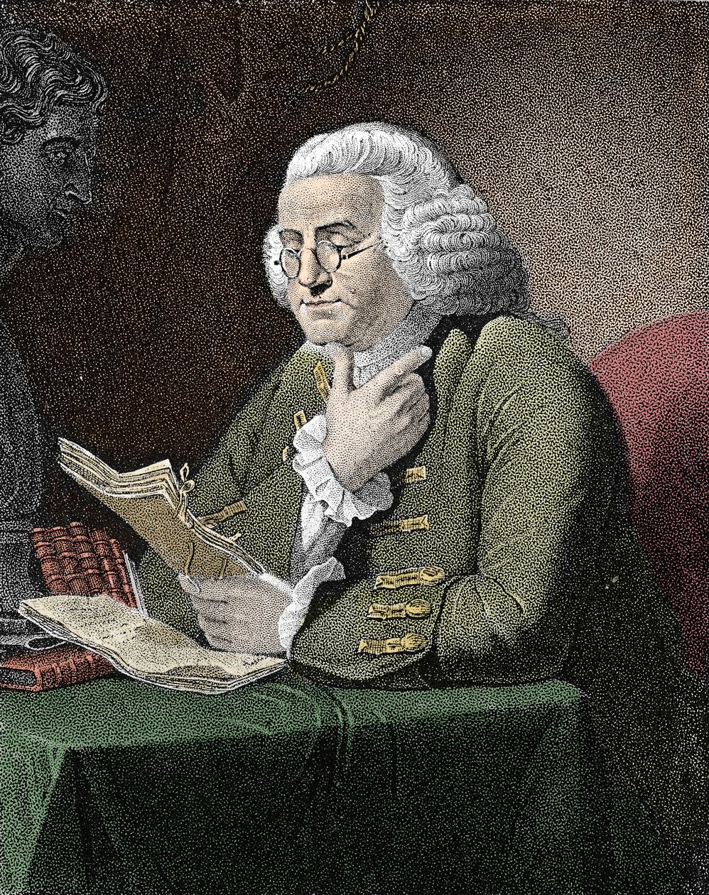 アメリカの哲学者、物理学者、大使であるベンジャミン・フランクリン（1706-1790）の肖像。デイヴィッド・マーティンの絵の後のエングレーヴィング。 作： デビッド（後）マーティン