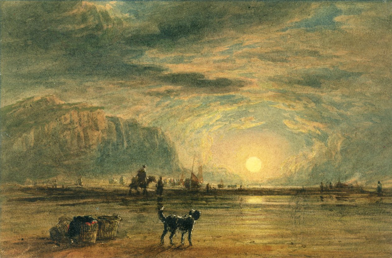 ビーチシーン-日の出、1820年頃（水彩と紙の上のグラファイト上のペン） 作： David（attr。To）Cox