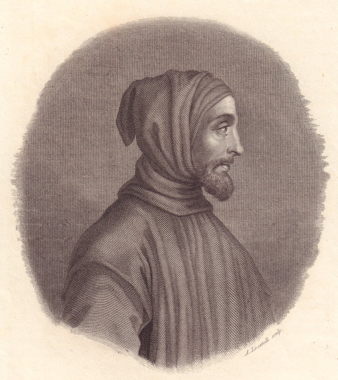 イタリアの画家チマブエ（1240年頃～1302年頃）の肖像、シモーネ・セネーゼの肖像画からロカテッリが銅版画 作： WG（後）セイヤー