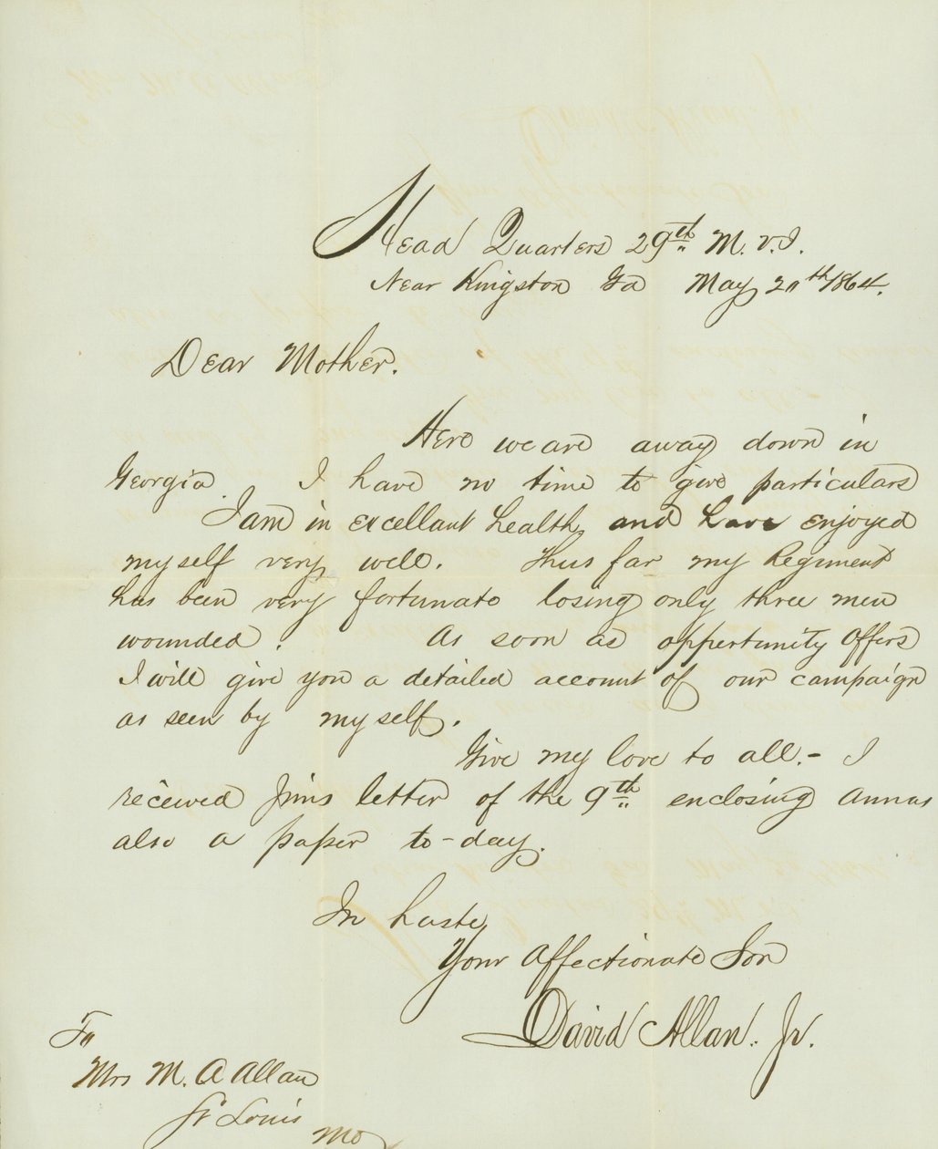 1864年5月20日、Ga.のKingston近くの第29MVI本部にいるDavid Allan, Jr.からMo.のSt.Louisにいる母親のM.A.Allan夫人への手紙（署名入り）。 作： デビッド・アラン