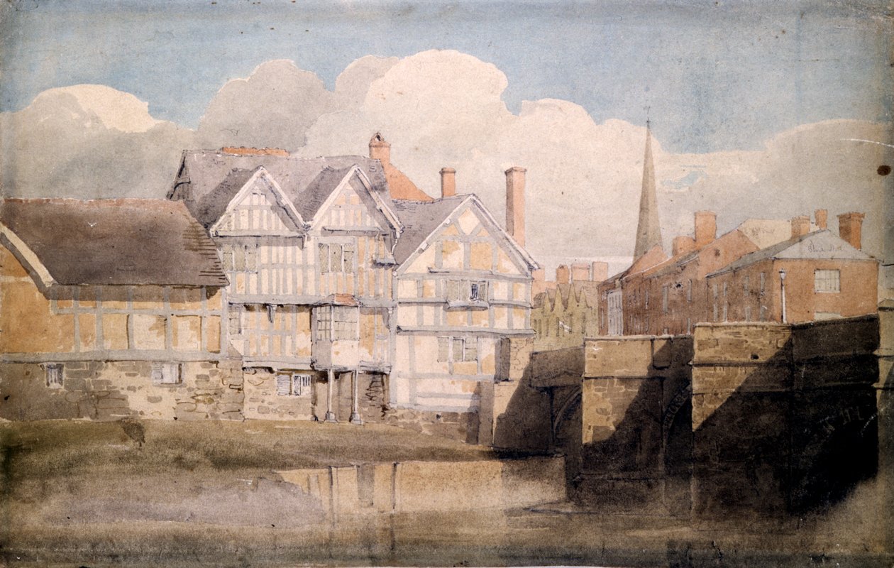 Old Houses and Yye Bridge、ヘレフォード、1820 作： デビッドコックス