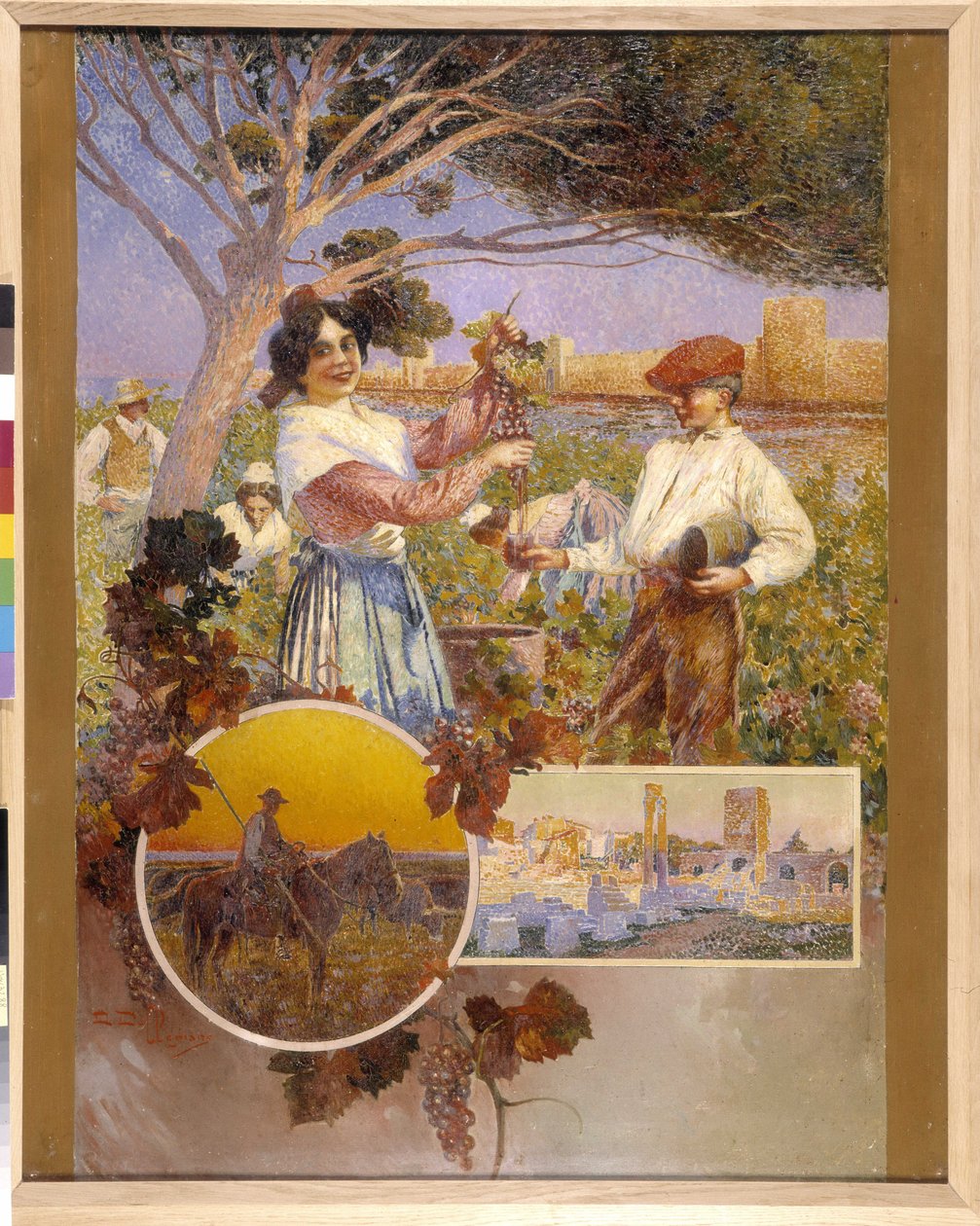 Aigues Mortes (Aigues-Mortes)、アルル、カマルグ: 若い女性が、ぶどう園から摘んだばかりの美しいブドウの房を見せています。 David Dellepiane (1866-1932)、点描。 必須の言及: コレクション財団は、マルセイユ、プロヴァンス (cm 1 作： デビッド・デレピアン