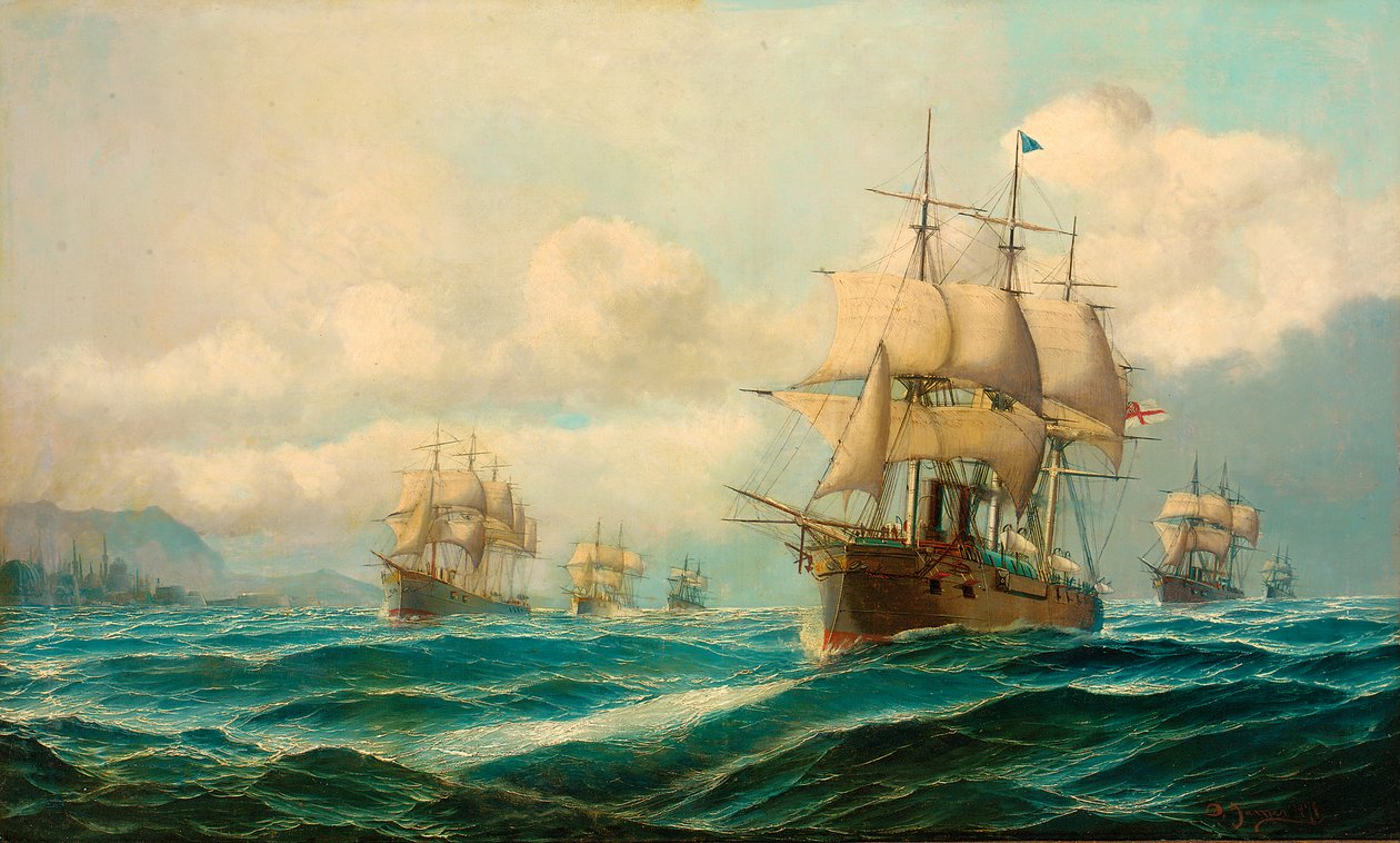 1878年2月、コンスタンティノープルに向かう途中、フィリップスホーンビー海軍中将がダーダネルス海域を飛行中 作： DavidJames