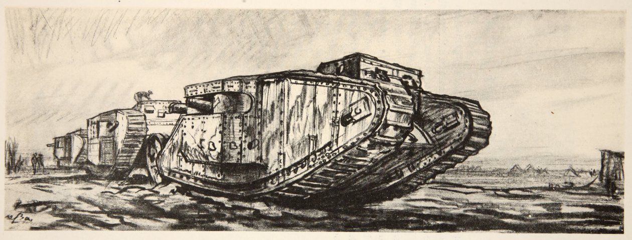 戦車の列、『西部戦線』（カントリー・ライフ社刊）の挿絵。 作： デビッド・ミュアヘッド・ボーン