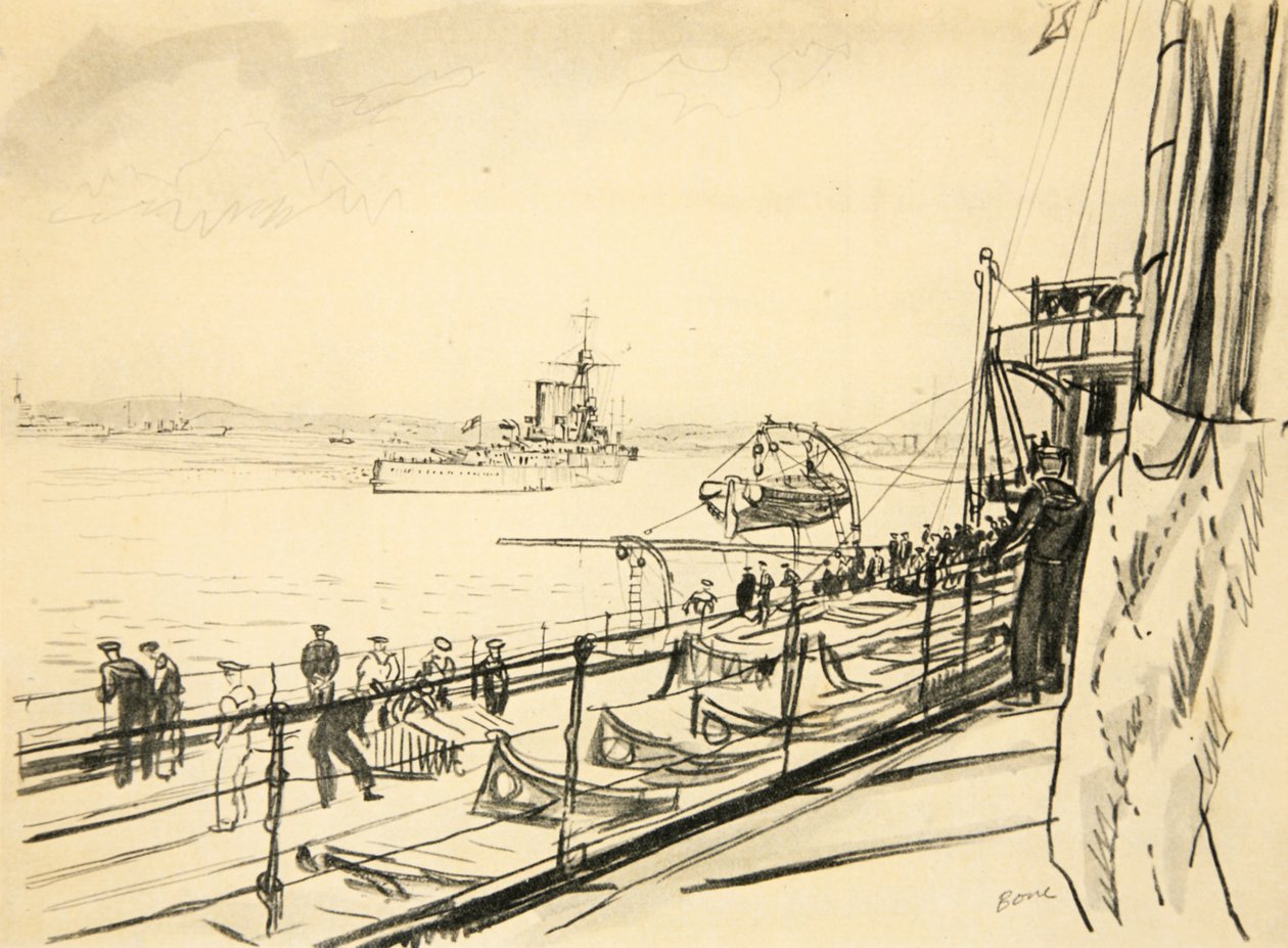 戦艦の後甲板より、「西部戦線」（カントリー・ライフ社刊）の挿絵。 作： デビッド・ミュアヘッド・ボーン