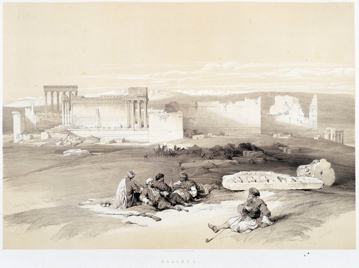 レバノンのバールベック（バールベク）、1839年5月5日に描かれた絵、「The Holy Land」、ロンドン1849年版に掲載 作： デビッド・ロバーツ