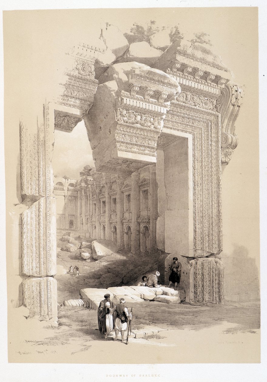 レバノンのバールベック門、1839年5月7日に描かれた「The Holy Land」、ロンドン1849年版に掲載。 作： デビッド・ロバーツ