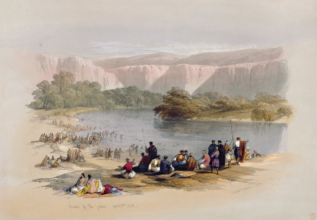 1839年4月2日、ヨルダンの銀行、ルイ・ハゲ（1806-85）パブによって刻まれた「聖地」のボリュームIIからのプレート48。 1843 作： デビッド・ロバーツ