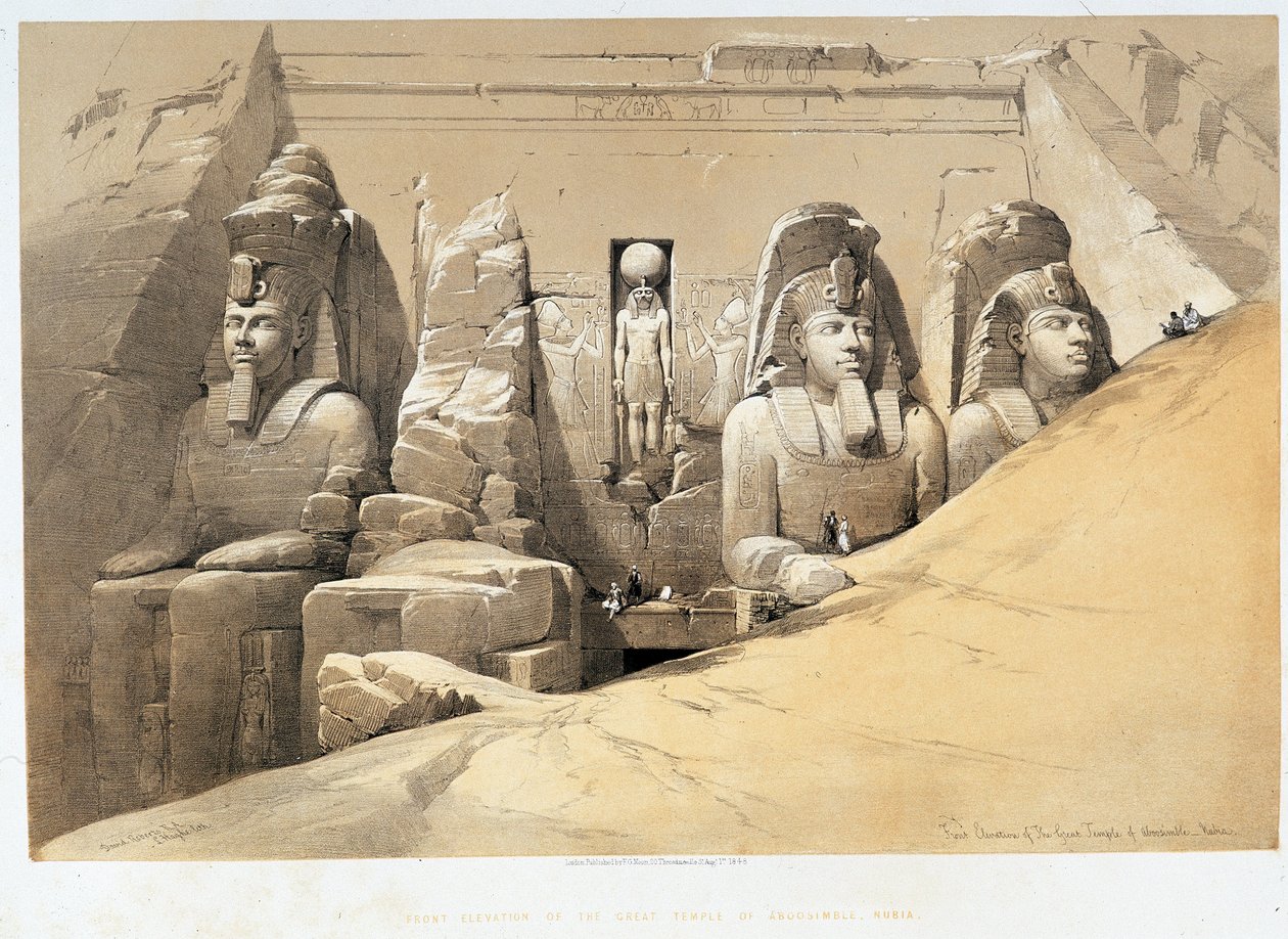 ヌビア（Nubia）のアボ・シンベル（Aboosimbel, AbuまたはAbu Simbel）の大神殿の正面図（『The Holy Land』ロンドン1849年所収 作： デビッド・ロバーツ