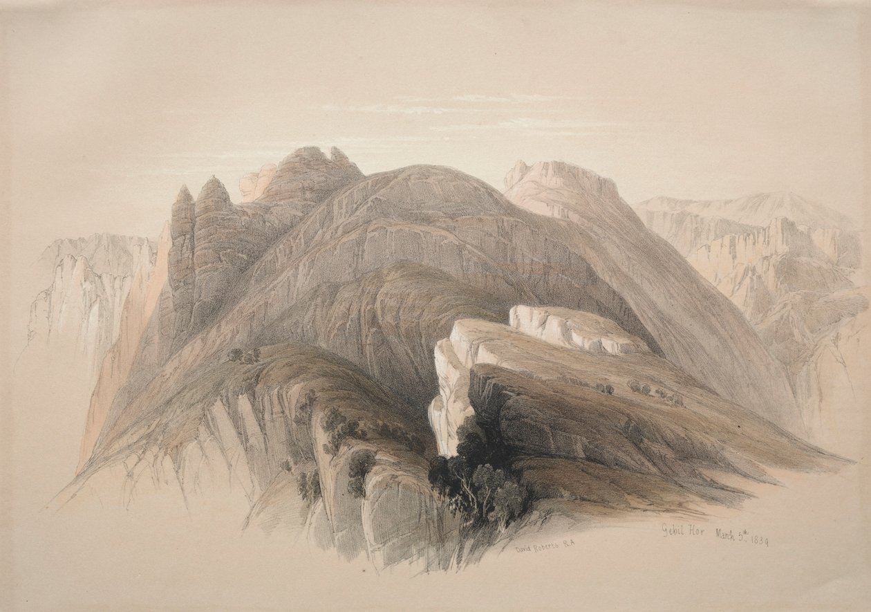 ジェビル・ホー。 1839年にペトラを取り囲む断崖からのホル山。 作： デビッド・ロバーツ