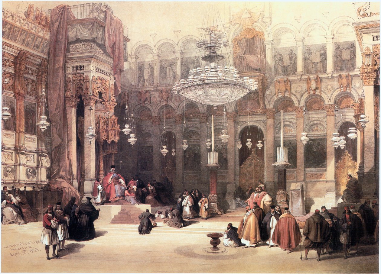 聖地にてエルサレム、聖墳墓教会、ギリシャ正教礼拝堂（エングレーヴィング） 作： デビッド・ロバーツ