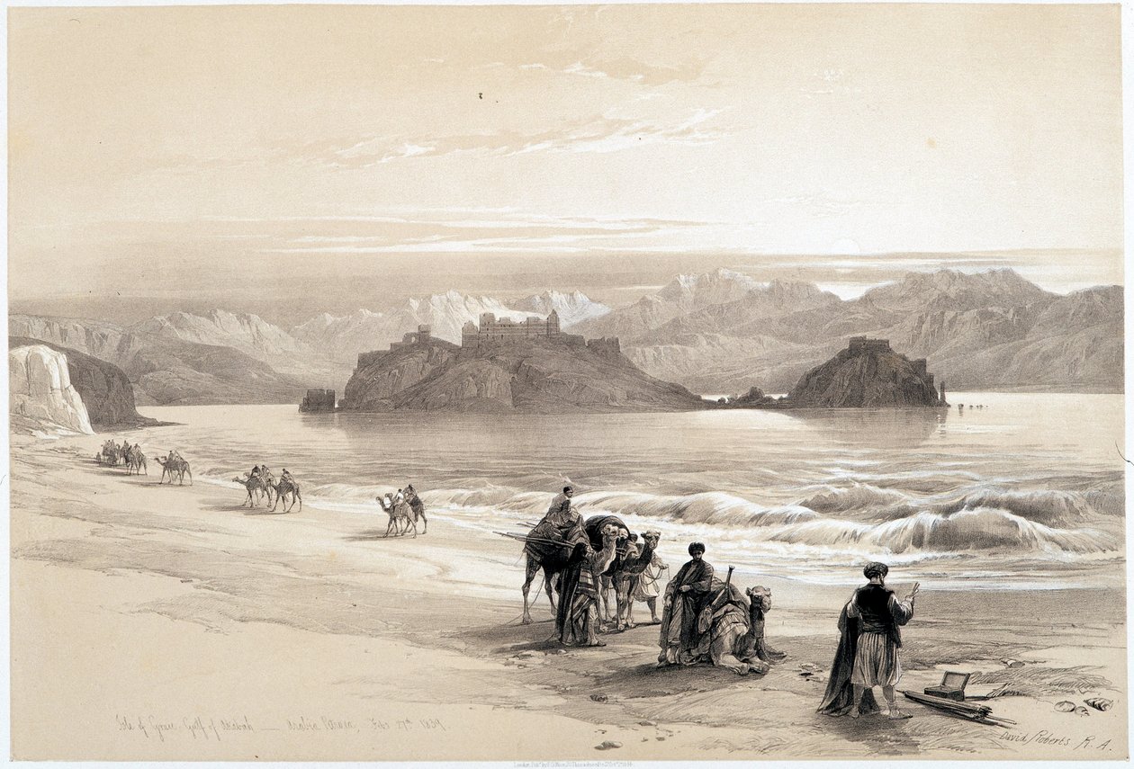 グライア島、アカバ湾（アカバまたはアカバ）、1839年2月27日に描かれた「The Holy Land」（ロンドン、1849年）に掲載された絵 作： デビッド・ロバーツ