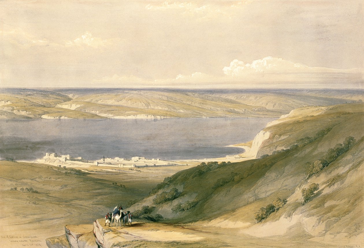 1839年4月21日、バシャンに向けたガリラヤ湖またはジェネザレスの海、ルイ・ハゲ（1806-85）パブによって彫刻された「聖地」のボリュームIのプレート36。 1842 作： デビッド・ロバーツ