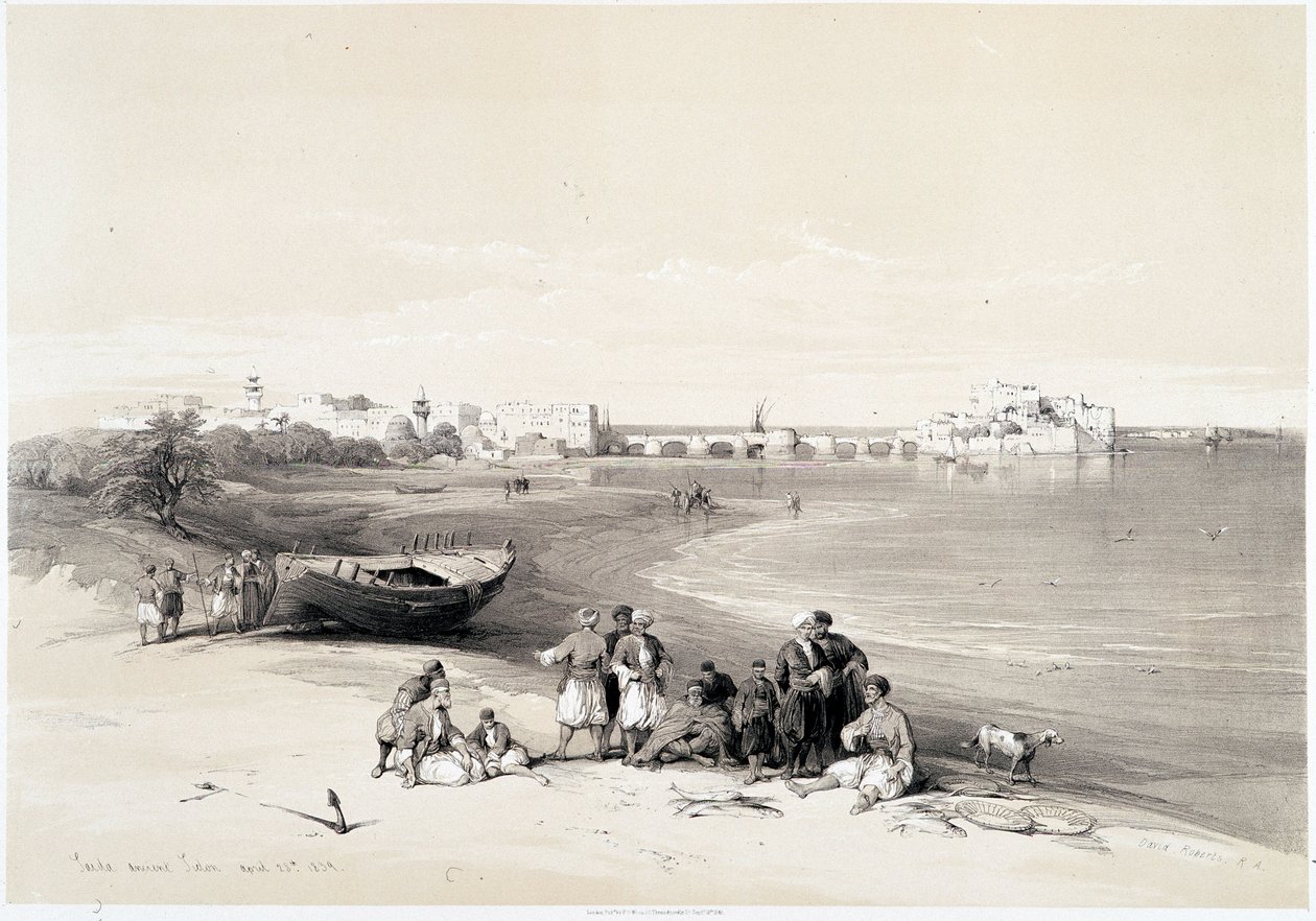Sidon (Said)、1839年4月28日に描かれた「The Holy Land」、ロンドン1849年版に掲載されている。 作： デビッド・ロバーツ