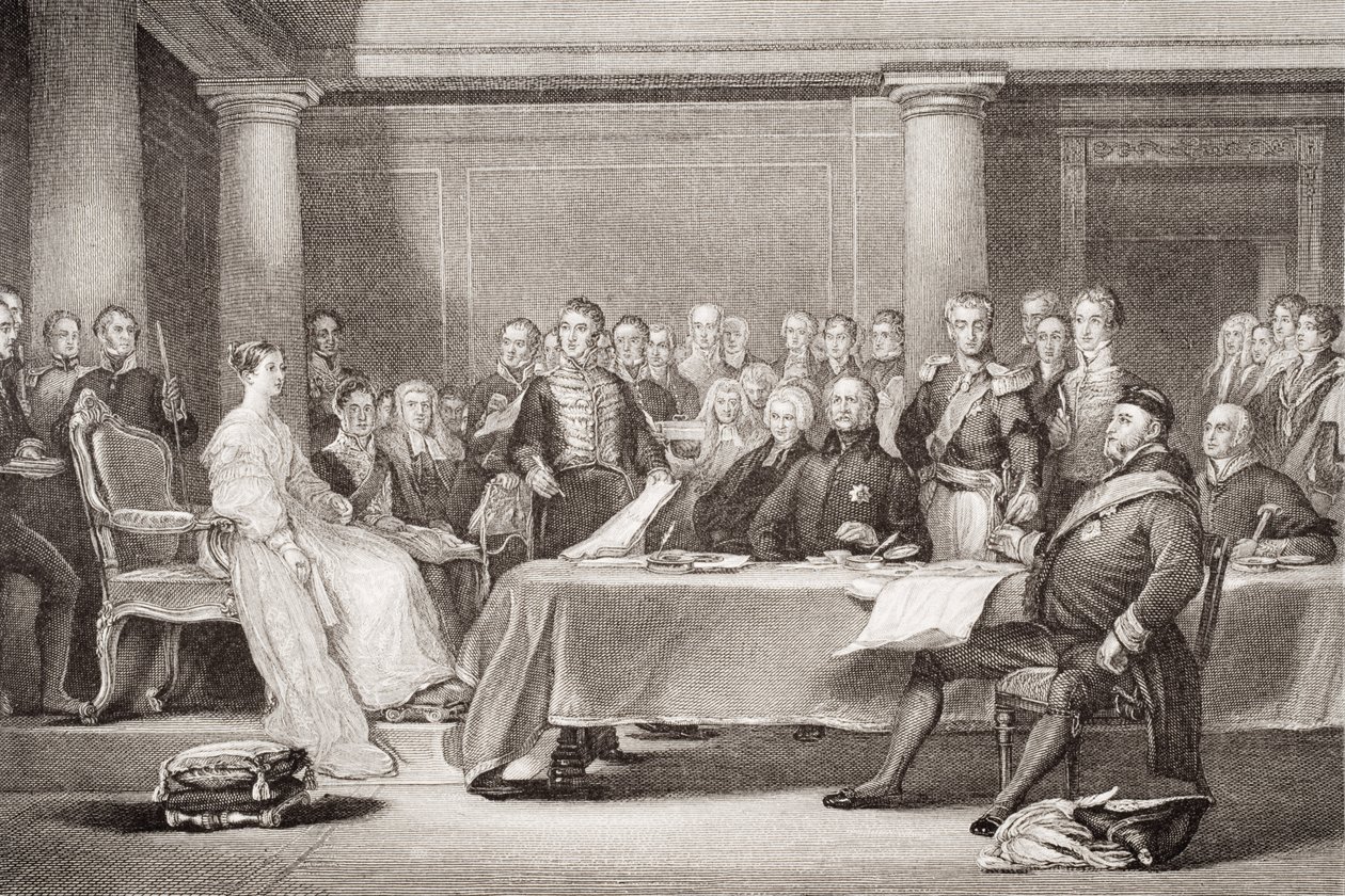ビクトリア女王の最初の評議会、ケンジントン宮殿、1837年6月21日、「英語とスコットランドの歴史のイラスト」第II巻 作： デビッド・ウィルキー