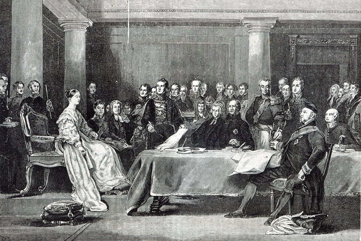 女王の最初の評議会、「レジャーアワー」から、1888 作： デビッド・ウィルキー