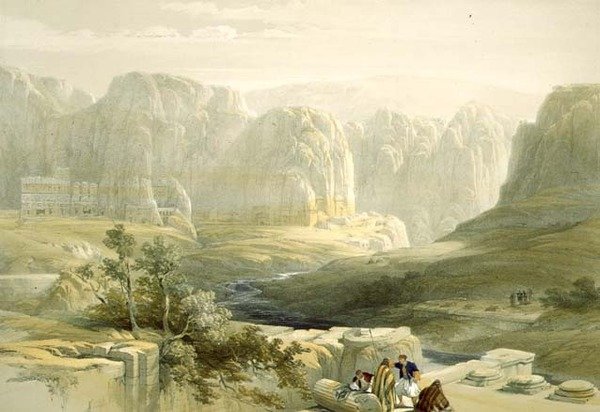 1839年3月9日、南を見るペトラ、ルイ・ハゲ（1806-85）パブによって彫刻された聖地のボリュームIIIのプレート106。 1849 作： ロバートの後のデイビッド