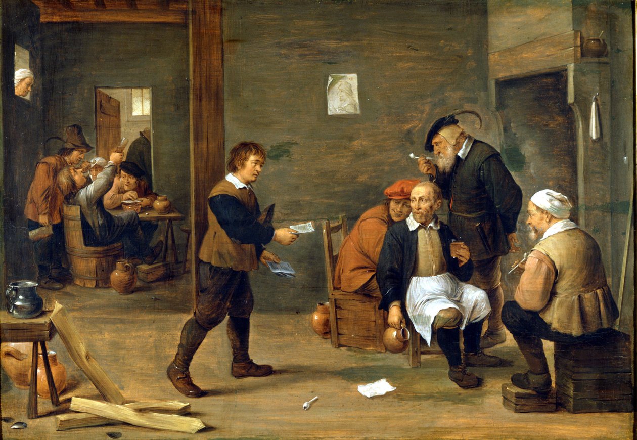 煙突の前で暖を取る男たちの姿。ダヴィッド・テニアス・ディット・ル・ジューン（1610-1690）の絵 ミラノ、カステッロ美術館 作： デビッドテニアーズザヤンガー