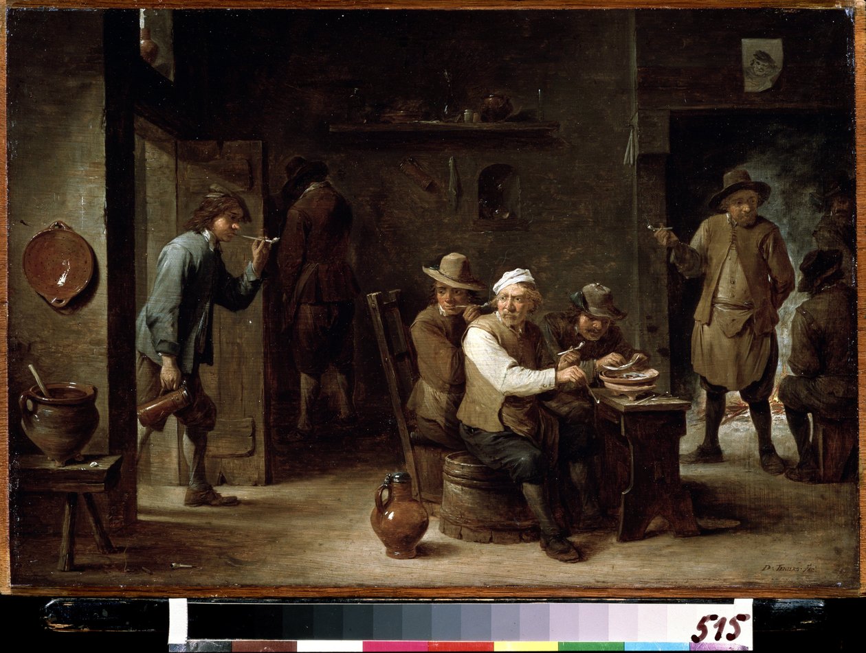 居酒屋で。 David Tenier the Younger (1610-1690) の絵画。 木に油彩、36.2 x 52.6 cm、1640 年頃。フラマン派、バロック美術。 プーシキン美術館、モスクワ。 作： デビッドテニアーズザヤンガー