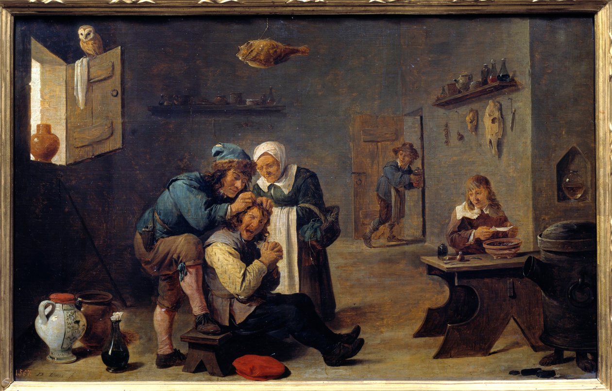 医学のこと"The surgical operation" 若き日のダヴィッド・テニアス2世（1610-1690）の絵画（ec.flam.） 日。0,33x0,25 m マドリード、プラド美術館 作： デビッドテニアーズザヤンガー