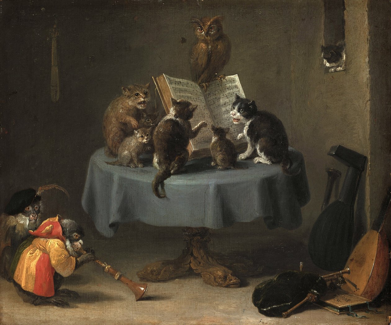 テニエの猫のコンサート、David、Younger（1610-1690）。 木に油彩、サイズ：26x31,5 作： デビッドテニアーズザヤンガー