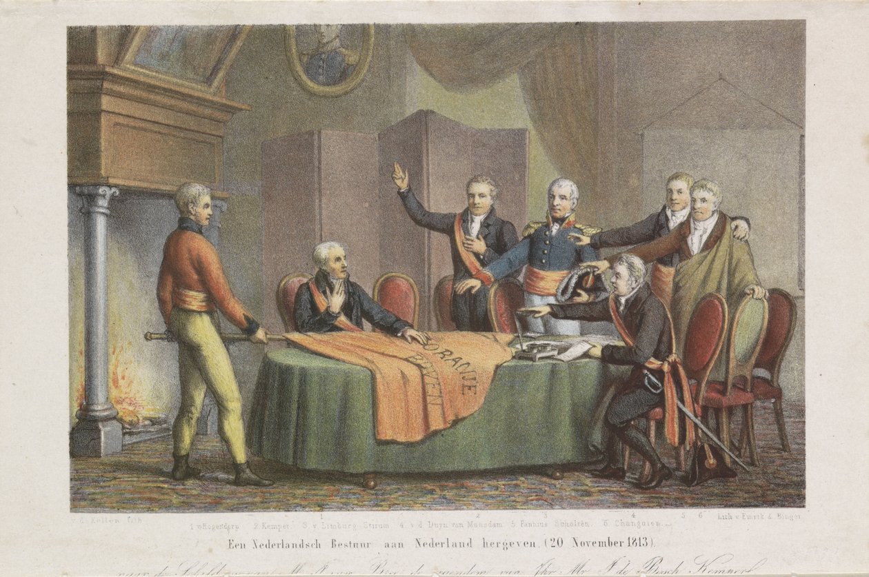 1813 年 11 月 21 日、オラニエ公の名において、三頭政治家による最高政府の受諾 オランダ政府をオランダに返還。 (1813 年 11 月 20 日) (オブジェクトのタイトル) 作： デヴィッド・ファン・デル・ケレン